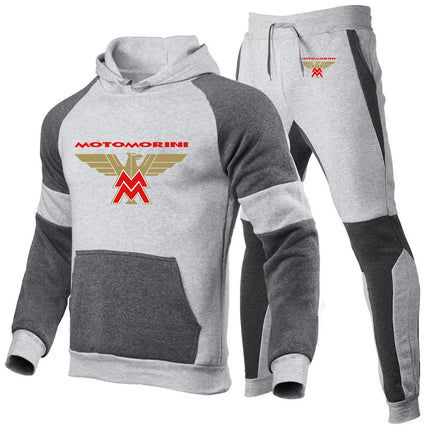 2024 Spring Autumn Men's Moto Morini Logo Print Sports Splicing Cotton Hooded Tracksuit+Jogging Sweatpants Trend Comfortable Set PlatiNum