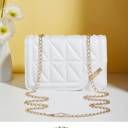 Trendy Embroidered Square Bag  - Diamond Pattern Shoulder Purse with Chain Strap & Magnetic Closure PlatiNum