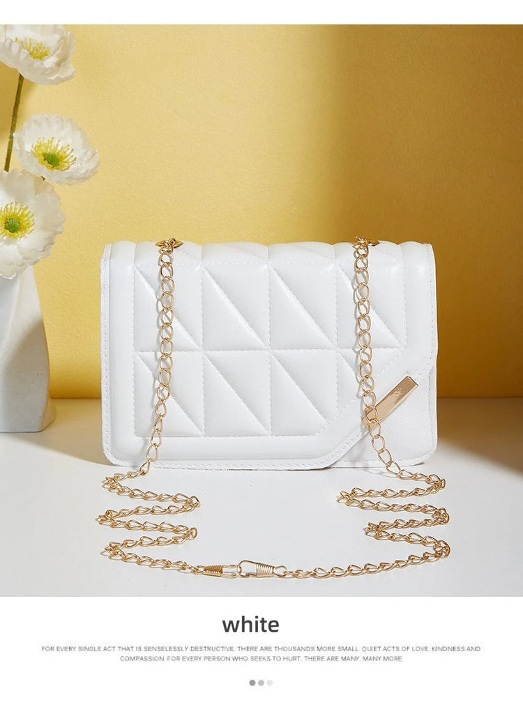 Trendy Embroidered Square Bag  - Diamond Pattern Shoulder Purse with Chain Strap & Magnetic Closure PlatiNum
