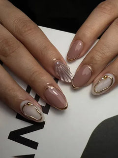 24Pcs Medium Almond Nude‑Pink 3D Textured Metallic Cat‑Eye French Sheer Press‑On False Nails For Nail Art Decor