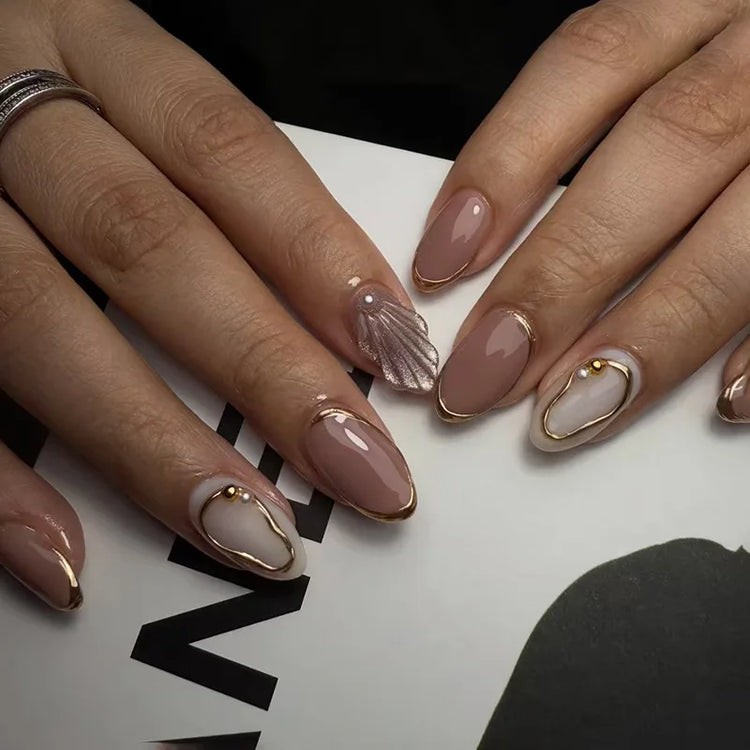 24Pcs Medium Almond Nude‑Pink 3D Textured Metallic Cat‑Eye French Sheer Press‑On False Nails For Nail Art Decor