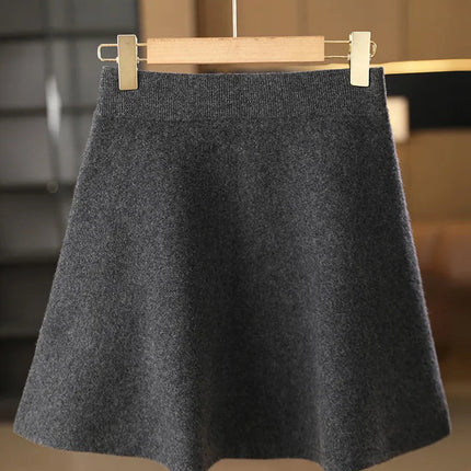 Women's Wool Skirt Autumn Winter Elastic Waist Mini A-Line Cashmere Skirt 100% Merino Wool Knitted Above Knee Preppy Style Dress PlatiNum