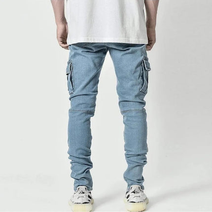 Street Elastic Jeans Men Denim Cargo Pants Wash Solid Color Multi Pockets Casual Mid Waist Trousers Slim Fit Daily Wear Joggers PlatiNum