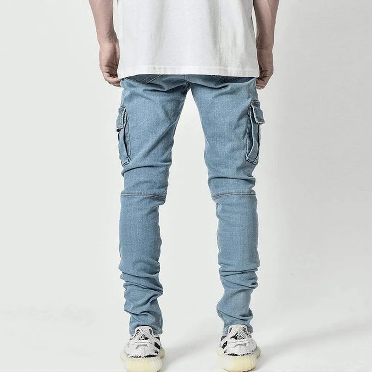 Street Elastic Jeans Men Denim Cargo Pants Wash Solid Color Multi Pockets Casual Mid Waist Trousers Slim Fit Daily Wear Joggers PlatiNum