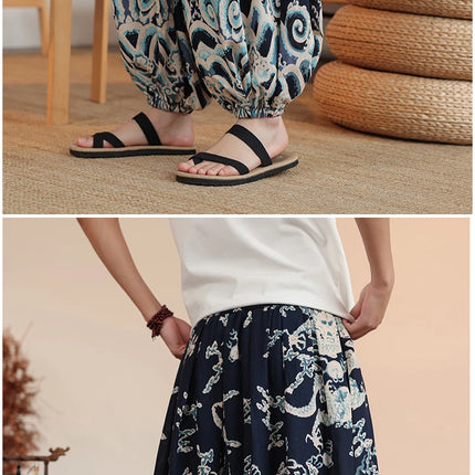 Vendite calde Pantaloni da uomo in cotone comodi pantaloni da spiaggia larghi stampa casual Harem elegante abbigliamento estivo pantaloni larghi giapponesi sottili
