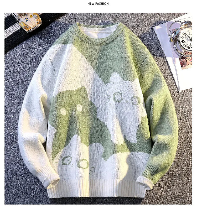 Cartoon Cat's New Knitted Sweater 2025 Men's Autumn/Winter Warm Knitted Sweater Men's Pullover Home Clothes