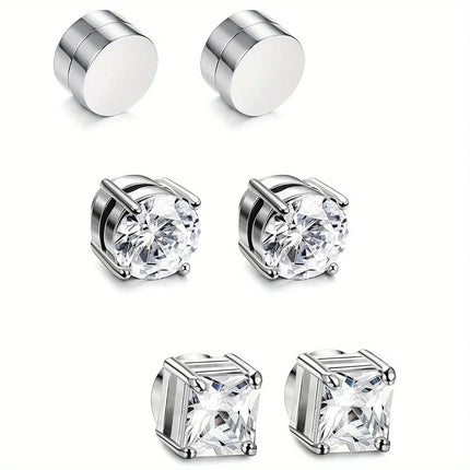1/3Pairs 6MM Crystal Magnetic No-Pierce Stainless Steel Stud Earrings for Men Punk Zircon Magnet Earrings Non Piercing Jewelry PlatiNum