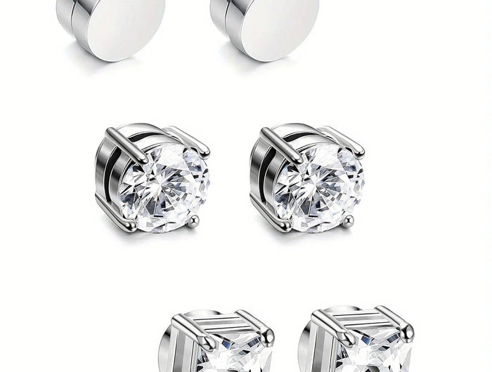 1/3Pairs 6MM Crystal Magnetic No-Pierce Stainless Steel Stud Earrings for Men Punk Zircon Magnet Earrings Non Piercing Jewelry PlatiNum