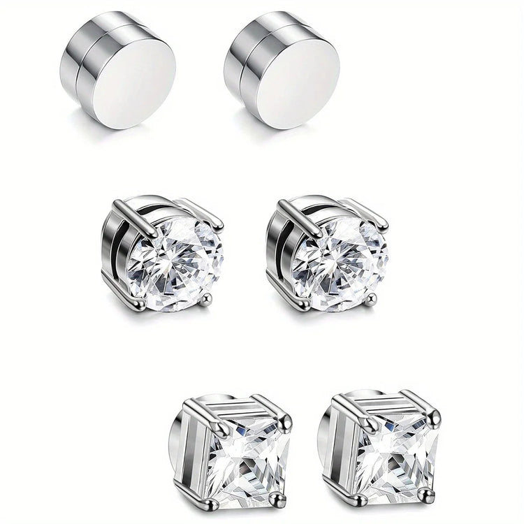 1/3Pairs 6MM Crystal Magnetic No-Pierce Stainless Steel Stud Earrings for Men Punk Zircon Magnet Earrings Non Piercing Jewelry PlatiNum