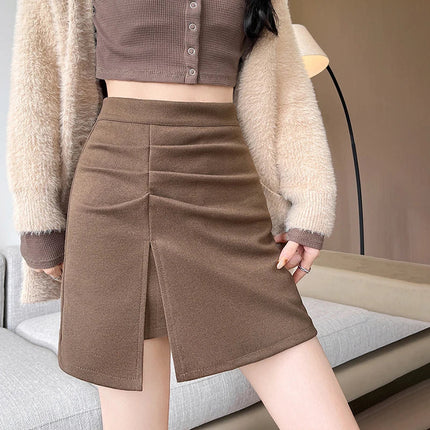 2025 Autumn Side Split Woolen Mini Skirts Women High Waist Slimming Short Skirt Korean Streetwear Sexy Spicy A-Line Skirts Mujer PlatiNum