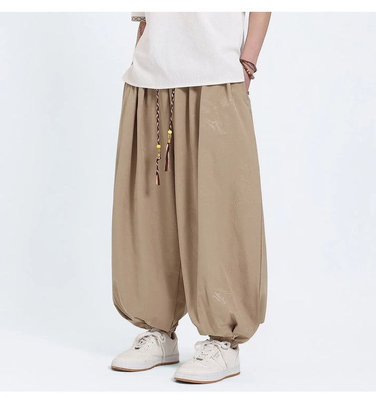 Pantaloni Estivi da Uomo Stile Cinese in Seta Ghiaccio con Motivo Drago Ukiyo-e, Comodi e Trendy, Pantaloni Casual Oversize da Uomo