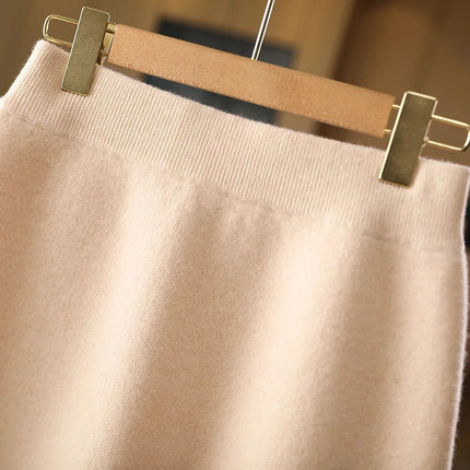Autumn Winter Women Wool Skirt Elastic Waist Mini Slim Fit Cashmere Skirts 100% Merino Wool Knitted Office Lady Above Knee Dress PlatiNum