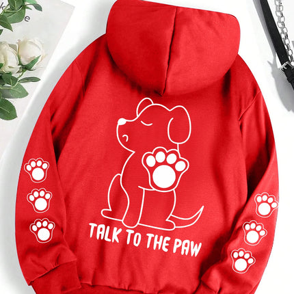 Talk To The Paw Funny Dog Cartoon Print Hoodie Women Warm Fleece Hoody Fashion Casual Hooded Autumn Loose Round Neck Woman Tops
