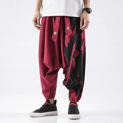 Pantaloni alla moda da uomo Samurai giapponese Ukiyo-e Cintura con stampa Pantaloni stile harem da uomo in cotone e lino Casual Oversize Harajuku Pantaloni a gamba larga da uomo