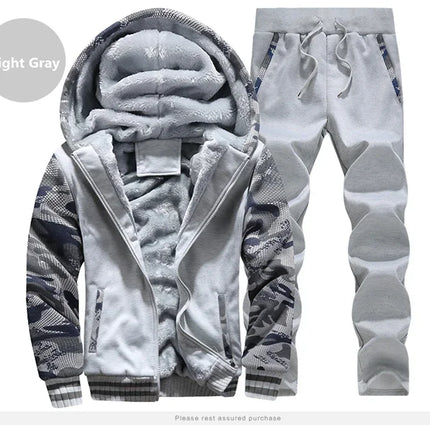 New Winter Fleece Thicken Men's Two-piece Zipper Sports Set Hooded Thermal Suit Casual Oversized Tracksuit 4XL 5XL Funny Suit