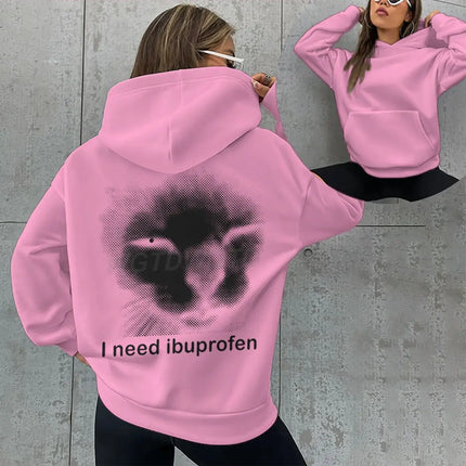 Fun Cat Meme Men Women Hoodies "I Need Ibuprofen" Harajuku Animal Streetwear Long Sleeve Hoody Hip Hop Kitten Hoodie For Male