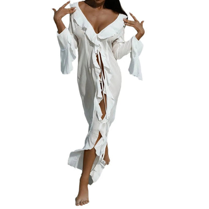 Sexy scollo a V increspato manica lunga Nero Bianco Nuova tunica in chiffon Beach Cover Up Cover-up Abito Protezione solare Beachwear Abbigliamento donna platinumshop