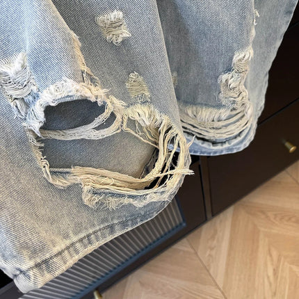 Jeans Vintage Americani Strappati e Patchwork per Donna, Blu Chiaro, Vita Alta, Gamba Larga, Pantaloni in Denim per Primavera e Autunno