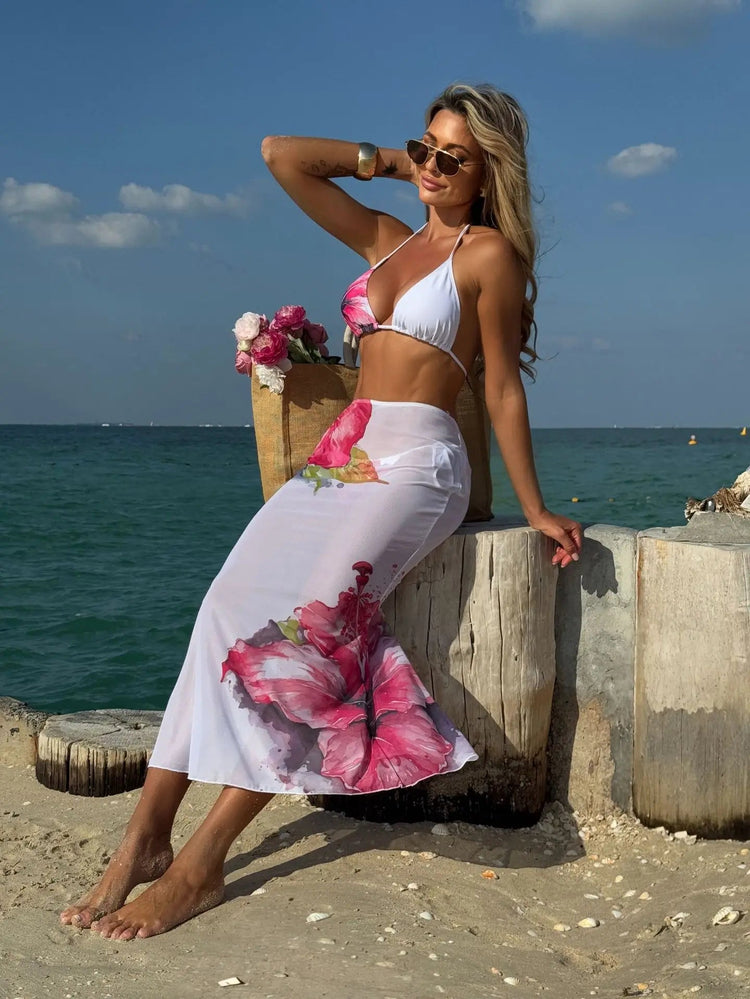 Costume da bagno 3 pezzi con stampa floreale grande con gonna lunga in rete Costume da bagno bikini micro perizoma da donna 2025 Costume da bagno estivo da spiaggia Biquini PlatiNum