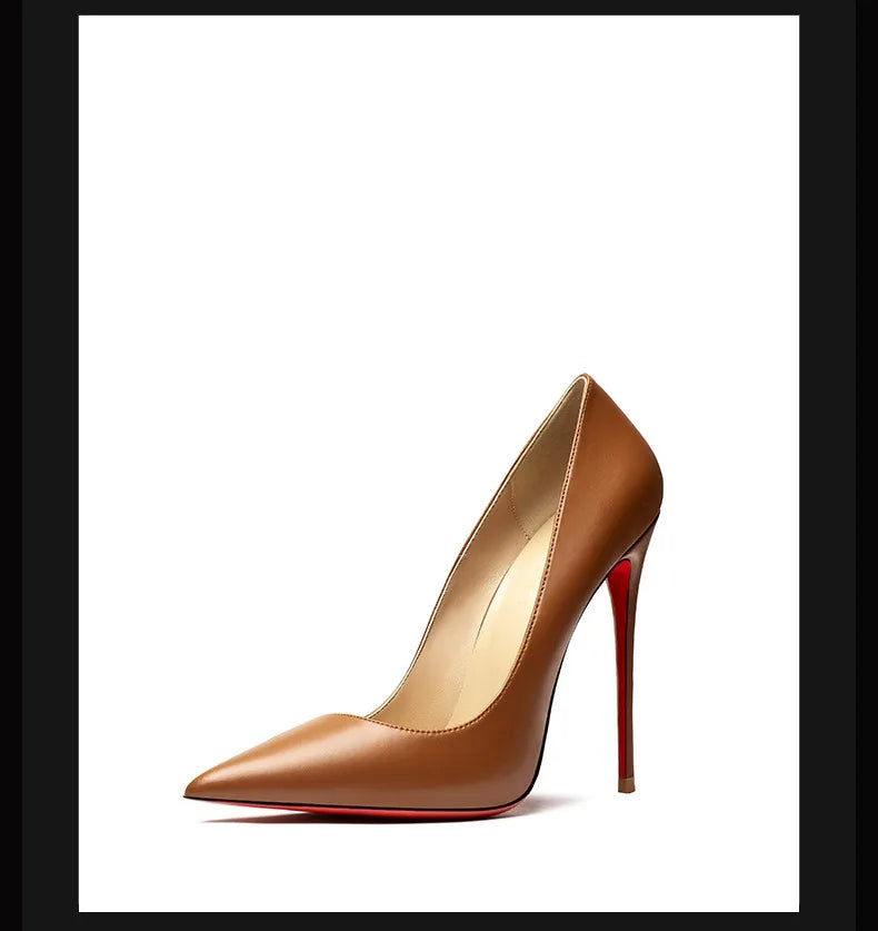 HLTINO 12CM Brown Patent Leather Pumps Women Red Bottom Heels Elegant High Heeled Stilettos Evening Shoe for Party