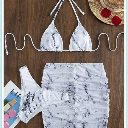 3 pezzi perizoma Bikini con gonna marmo texture costume da bagno donna costume da bagno Set costumi da bagno femminili abbigliamento da spiaggia nuoto estate platinumshop