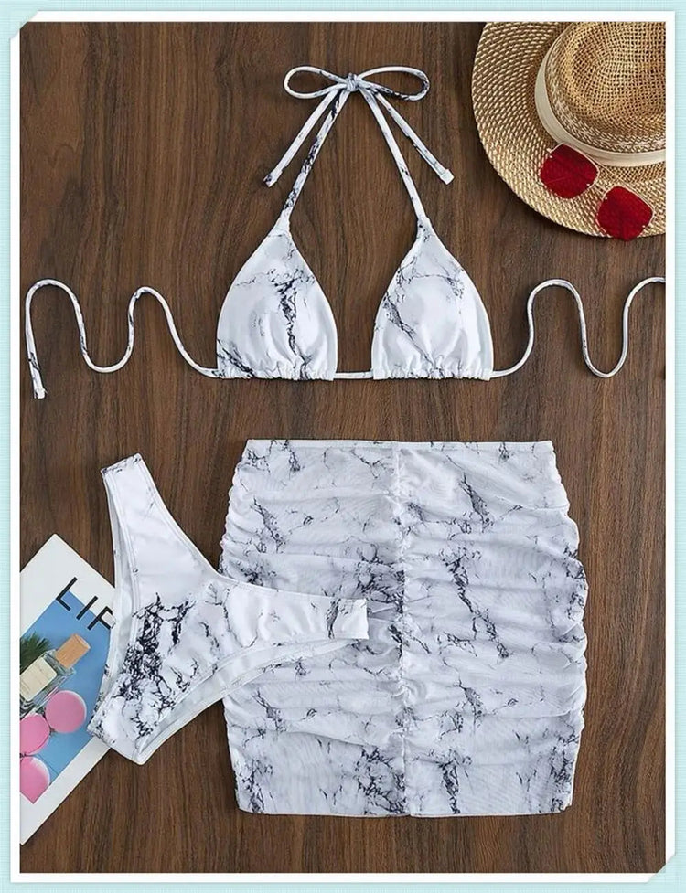 3 pezzi perizoma Bikini con gonna marmo texture costume da bagno donna costume da bagno Set costumi da bagno femminili abbigliamento da spiaggia nuoto estate platinumshop