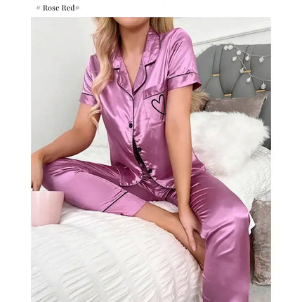 Lussuoso pigiama in raso per donna 2 pezzi pigiama Set tasca cuore ricama pigiameria autunno manica lunga top e pantaloni pigiama femminile platinumshop