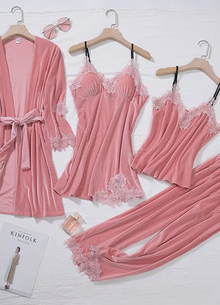 TOP Casual Velluto Abbigliamento per la casa 4 pezzi Set da notte Intimo Lingerie Pigiama da donna Completo a maniche lunghe in pizzo Velluto Homewear Pigiama set