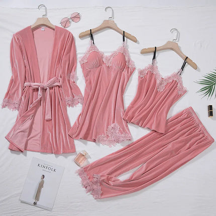 TOP Casual Velluto Abbigliamento per la casa 4 pezzi Set da notte Intimo Lingerie Pigiama da donna Completo a maniche lunghe in pizzo Velluto Homewear Pigiama set