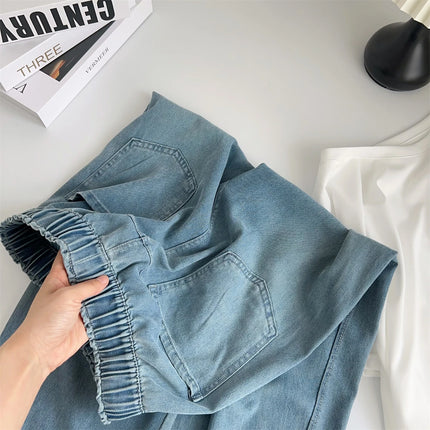 Jeans lavati curvi di seta pantaloni estivi in Denim a gamba larga larghi a vita alta da donna