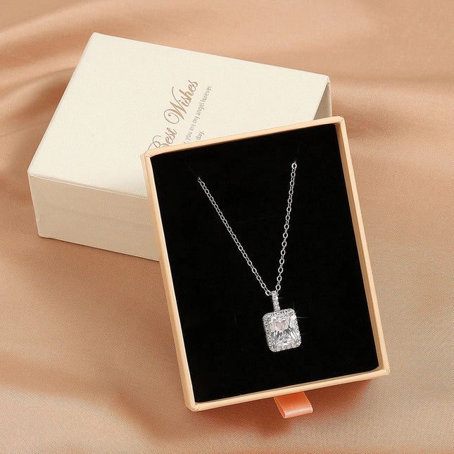ZAKOL Simple Geometric Crystal White Zircon Pendant Necklace For Women Silver-Color Wedding Party Jewelry Gift With Box PlatiNum
