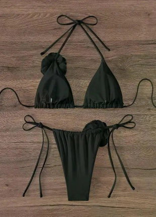 Bikini Sexy con Fiori 3D e Lacci Sulla Schiena, Costume da Bagno Femminile Due Pezzi, Set Bikini, Abbigliamento da Spiaggia, Taglie S-L PlatiNum