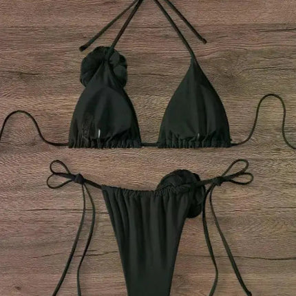 Bikini Sexy con Fiori 3D e Lacci Sulla Schiena, Costume da Bagno Femminile Due Pezzi, Set Bikini, Abbigliamento da Spiaggia, Taglie S-L PlatiNum
