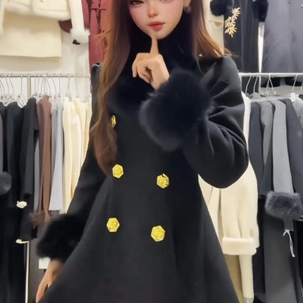 New Elegant Small Fragrance Celebrity Loose Coat Moda Woolen Winter French Style Vintage Blends Slim Waist Mid-length Outwear
