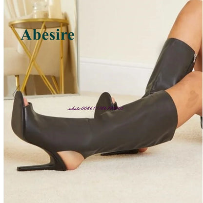 Peep Toe Knee High Sandal Boots Open Heel Stiletto Heel High Heel Women Shoes In Autumn Side Zipper Leather Fashion Boot