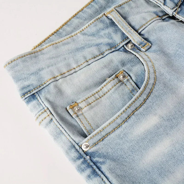 High Street Jeans Patch Hand-worn Holes Slim Skinny Jeans for Men PlatiNum