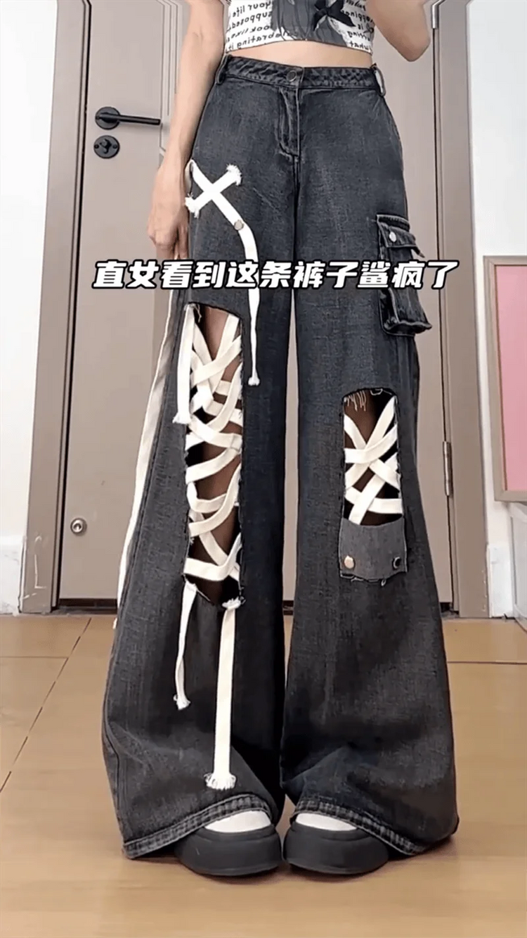 Estate allentata a figura intera Street Lace-Up scava fuori pantaloni a gamba larga femminili American Simple Washed Distressed Fashion Jeans da donna
