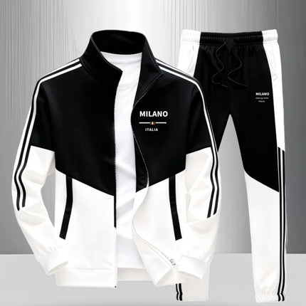 Men 2 Piece Tracksuit Fashion Milano Italia Print Stand Collar Full Zip Jacket Drawstring Jogger Suits Athletic Casual Outfit