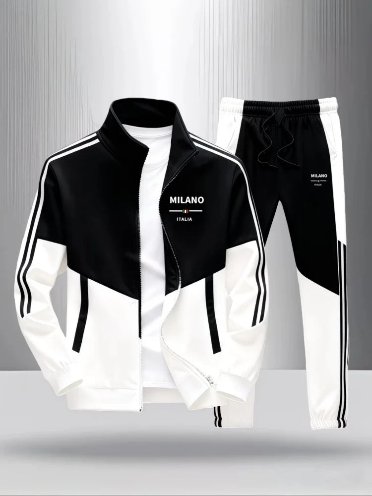 Men 2 Piece Tracksuit Fashion Milano Italia Print Stand Collar Full Zip Jacket Drawstring Jogger Suits Athletic Casual Outfit