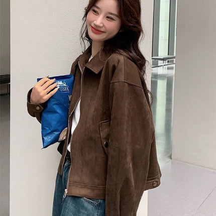 Retro Style Women's Short Suede Jacket Coffee Color Korean Style Autumn Coat Zipper Pocket Polyester Fiber Windproof