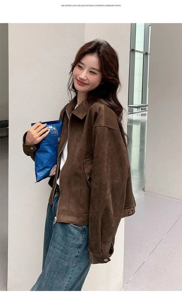 Retro Style Women's Short Suede Jacket Coffee Color Korean Style Autumn Coat Zipper Pocket Polyester Fiber Windproof