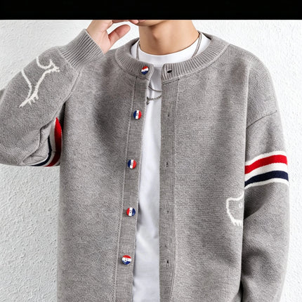 Designer Brand Long Sleeve Knitted Cardigan Men's New Trend Color Blocked Button Design Couple's Casual Warm Round Neck Coat