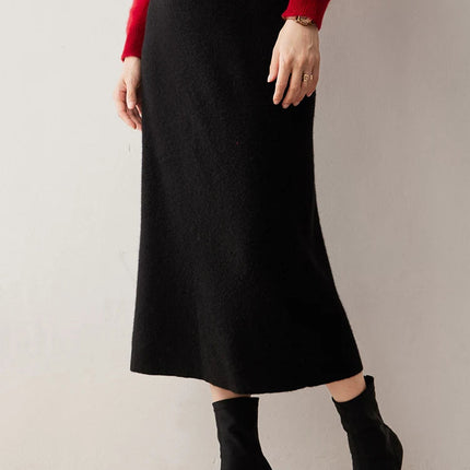 Women's 100% Cashmere Skirts Office Lady Autumn Winter Basic Fit Knitted High Waist Straight Skirt Graceful Long Warm Soft Dress PlatiNum