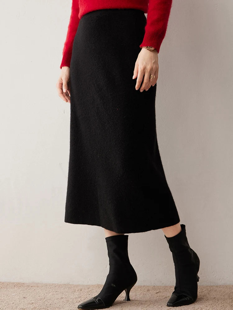 Women's 100% Cashmere Skirts Office Lady Autumn Winter Basic Fit Knitted High Waist Straight Skirt Graceful Long Warm Soft Dress PlatiNum
