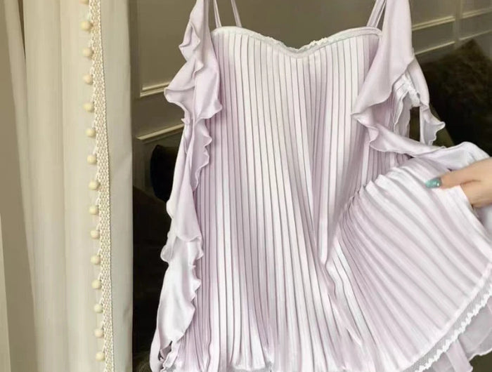Women's Sexy Soft Chiffon Silk Nightgown with Straps and Pleats, Off-Shoulder Lingerie with Puff Sleeves and Ruched Details, 2026 Collection