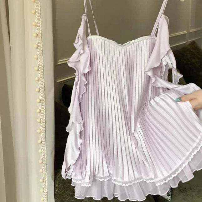 Women's Sexy Soft Chiffon Silk Nightgown with Straps and Pleats, Off-Shoulder Lingerie with Puff Sleeves and Ruched Details, 2026 Collection