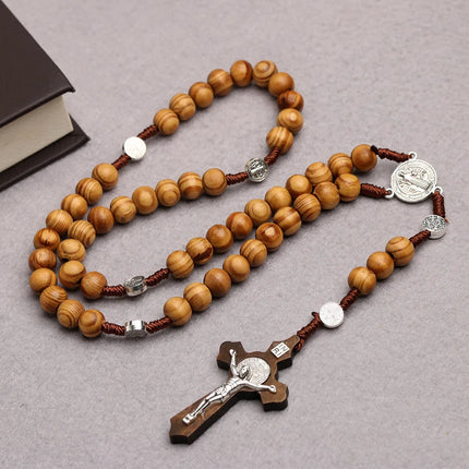 Collana con croce di rosario con perline di legno da 10 mm per donna uomo cristiano Vergine Maria INRI catena con ciondolo gioielli religiosi di moda PlatiNum