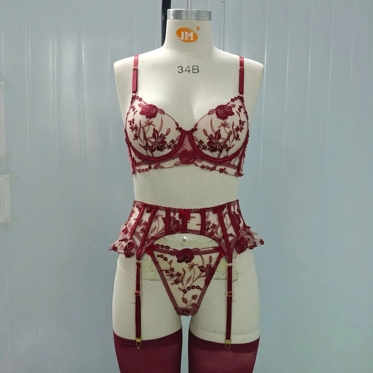 Sexy Lingeries Floral Embroidery Bow Lace Bra Garter Panty Set See Through Sheer Erotic Costumes Woman Underwear 4-piece Sets