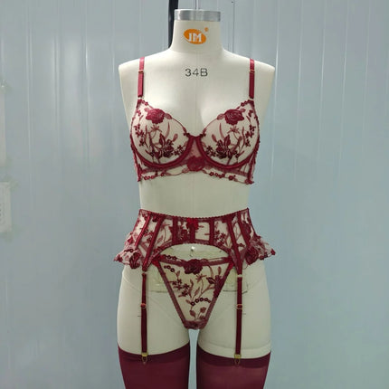 Sexy Lingeries Floral Embroidery Bow Lace Bra Garter Panty Set See Through Sheer Erotic Costumes Woman Underwear 4-piece Sets