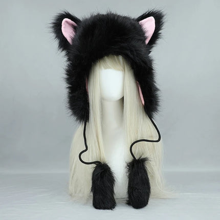 Y2K Gothic Punk Cat Ear Hat with Cross Wing Chain Decoration Plush Warm Winter Subculture Goth Rock Musi Cap Bombero Gorro Ruso